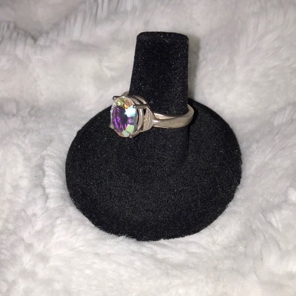 Iridescent genuine crystal set in sterling silver whale tail bezel ring - Picture 2 of 5